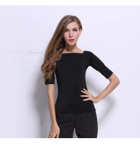 Black slash neck short sleeves women's ladies female competition performance professional latin salsa cha cha dance tops blouse shirts